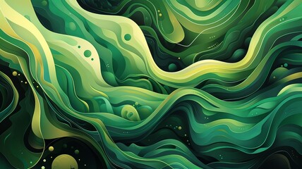 A green and yellow painting of a wave with bubbles