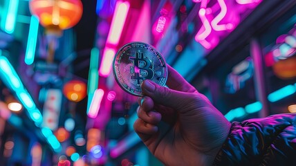 A person is holding a coin with the word Bitcoin on it - 790957567