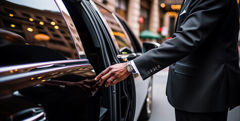 VIP Arriving in Style with Chauffeured Service. Exclusive Transportation & Special Event Concept. - obrazy, fototapety, plakaty