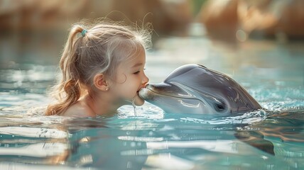 A young girl is kissing a dolphin in a pool