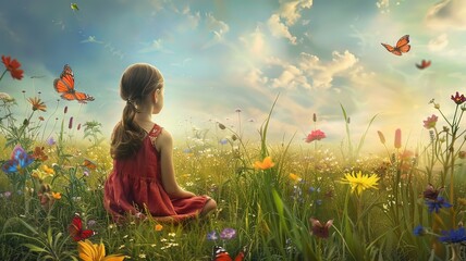 A young girl is sitting in a field of flowers, looking up at the sky