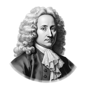 Black and white vintage engraving, close-up headshot portrait of Antonio Lucio Vivaldi, the famous historical Italian Baroque music composer and virtuoso violinist, white background, greyscale