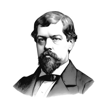 Black and white vintage engraving, close-up headshot portrait of Claude Debussy, the famous historical French Impressionist composer, white background, greyscale