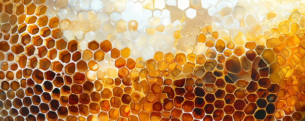 Watercolor painting of honeycomb hexagon pattern. Painted honeycomb background. Honey production, apiculture. Medicinal propolis, painted bee wax texture. - obrazy, fototapety, plakaty