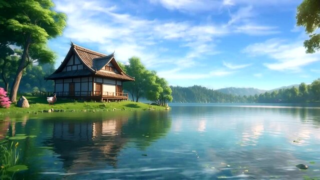 illustration of a Japanese house by the lake. beautiful sky
