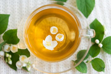 Jasmine fragrant herbal tea on a light pastel background. Cup of tea. Antioxidant, dietary tea for...