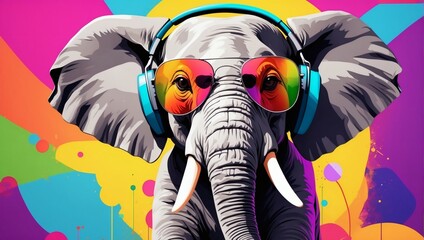 Portrait of a Party Elephant with Headphones and Sunglasses on a Colorful Abstract Background.