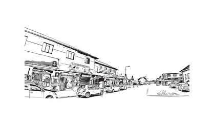 Print Building view with landmark of Springs is a city in United States. Hand drawn sketch illustration in vector.