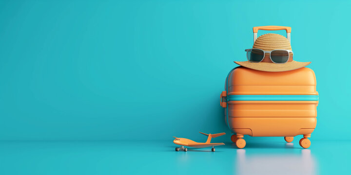 3D illustration of a travel suitcase on a blue background, wearing sunglasses, hat with copy space on the right, advertising banner, travel concept