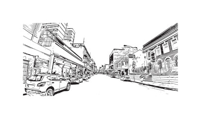 Print Building view with landmark of Springs is a city in United States. Hand drawn sketch illustration in vector.