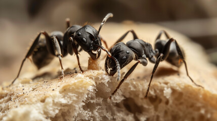 A black ant is eating a piece of bread. The other ants are watching it. The scene is peaceful and calm. black ant, eating bread