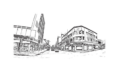 Print Building view with landmark of Springs is a city in United States. Hand drawn sketch illustration in vector.