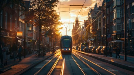 A network of electric tram lines weaving through a historic city center, blending modern transportation with timeless charm. - obrazy, fototapety, plakaty
