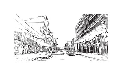 Print Building view with landmark of Springs is a city in United States. Hand drawn sketch illustration in vector.