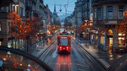 A network of electric tram lines weaving through a historic city center, blending modern transportation with timeless charm. - obrazy, fototapety, plakaty