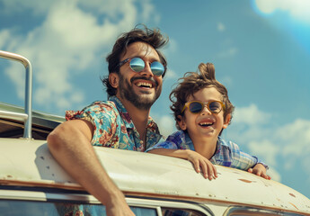 Happy father and son smiling while riding on the top of open roof bus, wearing sunglasses on a sunny day at the beach