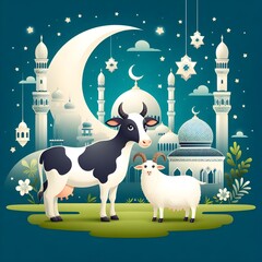 Eid ul Adha Mubarak, Eid Mubarak Muslim festival for Haj Eid celebration Creative ads with cow and moon, lamp, with title EID UL ADHA Mosque for social media , banner, poster, greeting card. Ai pic