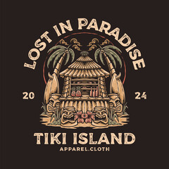 Tiki island bar vintage style illustration for t-shirt design