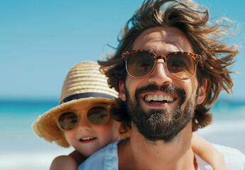 On the beach, a smiling man with a beard and sunglasses enjoys a moment with his son. The boy rides on his father's back, both wearing hats and sunglasses, exuding happiness and closeness by the sea.