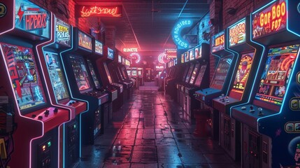 Retro 80s arcade, classic game machines, neon signs, high score challenges 