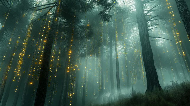 Misty forest with dark trees illuminated by strings of glowing lights raining from the sky. Supernatural bioluminescent lights in a mysterious foggy woodland. Energy of nature.