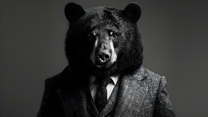Dapper Bear in Monochrome: Style Meets the Wild. Concept Black & White, Animal Fashion, Nature-Inspired, Suave Bears, Wild Elegance