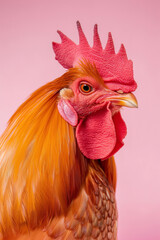 orange rooster in pink space with natural light