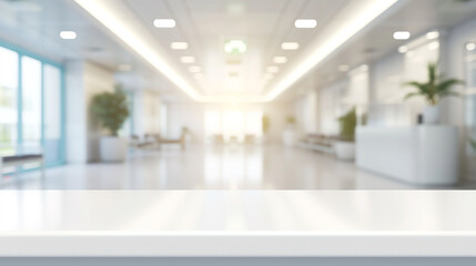 Empty blank white table top counter with blurred hospital clinic medical interior background for product display mockup
