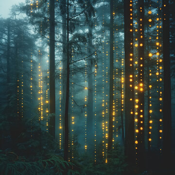 Mysterious misty forest illuminated by strings of supernatural glowing lights. Mystical woodland with dark trees and bioluminescent lights. Energy of nature. Enchanted forest.