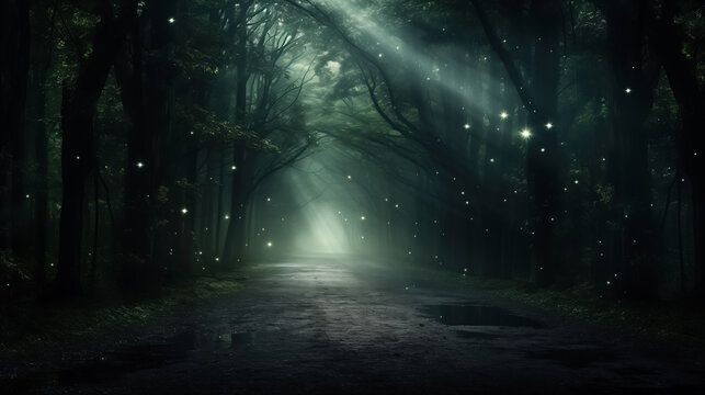 Mysterious green forest illuminated by sparkles and beams of sunlight, with a path leading towards the light. Road surrounded by dark trees. Fairytale fantasy landscape.