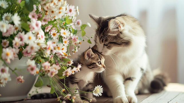 Happy mothers day with cute mom cat and kitten with love and soft flower - Powered by Adobe