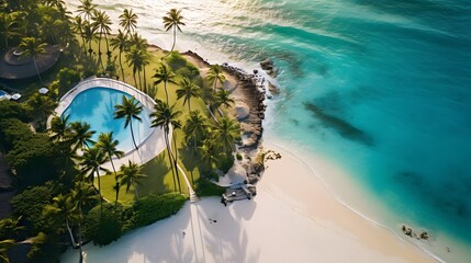 Aerial view of tropical beach with palm trees and swimming pool, Seychelles