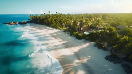 Aerial view of beautiful caribbean beach with palm trees and sand