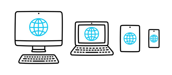 Web symbol on electronic devices, doodle icon drawing