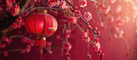 Chinese New Year ornamentation - Classic lantern and blossoming plum featured on a celebratory backdrop.
