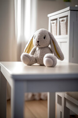 table with a plush toy hare in the baby room. Generative AI,