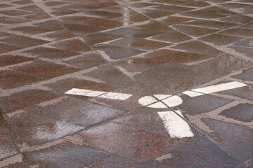 Brown sidewalk tiles adorned with white symbol, futuristic urban design concept.