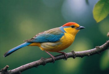 A colorful bird sits on a branch in the forest.Vivid Birdlife: 8K Ultra-HD Photography
