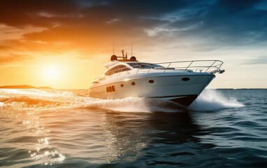 Naklejka premium Luxury Yacht Sailing on the Ocean at Sunset
