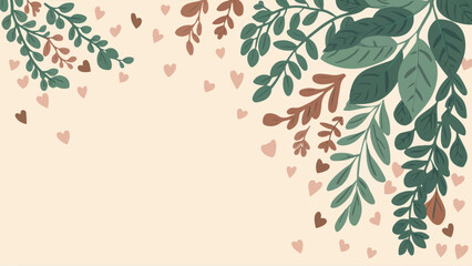 A light-colored background adorned with a beautiful arrangement of leaves and hearts. On the left side, there's a cluster of green leaves, while on the right, there's a mix of green and brown leaves.  - obrazy, fototapety, plakaty