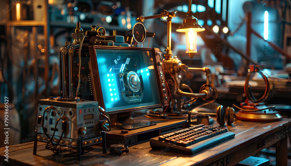 Wall mural computer in steampunk style on a table on a blurred background of the room