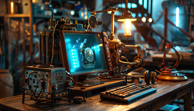 computer in steampunk style on a table on a blurred background of the room