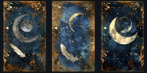 Luxury three panel wall art with marble and soft feather motifs each panel depicting a different phase of the moon
