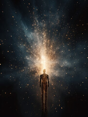 Silhouette of a man surrounded by sparkling golden energy, on dark background. Bright light around the person. Mystical experience, meditation, cosmic consciousness, energy work.