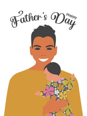 Father's Day. Young happy stylish man holding a baby in his arms. Vector.