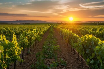 Breathtaking and serene sunset view of a beautiful summer vineyard field