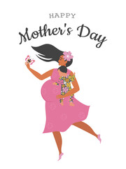 An incredibly happy and pregnant woman with a baby in her arms in a pink floral dress dances. Vector.