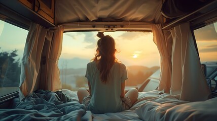 Young woman appreciating the sunset from inside a van. camper van van life. motor home