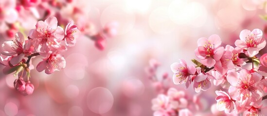 Background featuring a border of spring with blossoms in pink