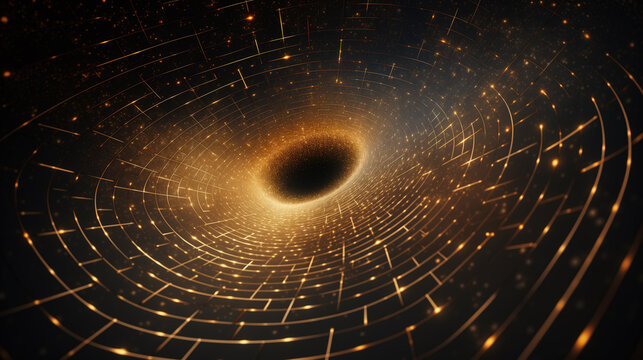 Illustration of a wormhole with golden grids and a dark opening in the center. Portal, glowing funnel leading to another word or alternate dimension. Curved space travel tunnel.
